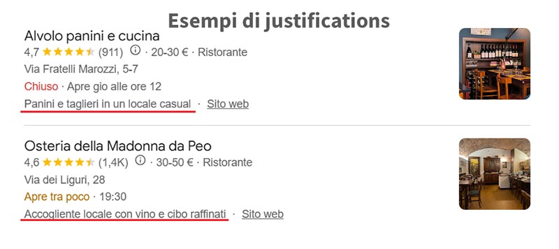 esempi di Justifications GBP