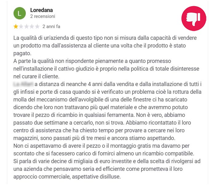 Recensione negativa non gestita