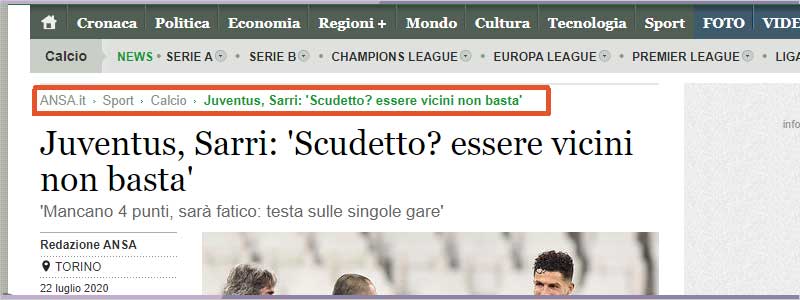 Esempio utilizzo breadcrumbs - Sito Ansa.it